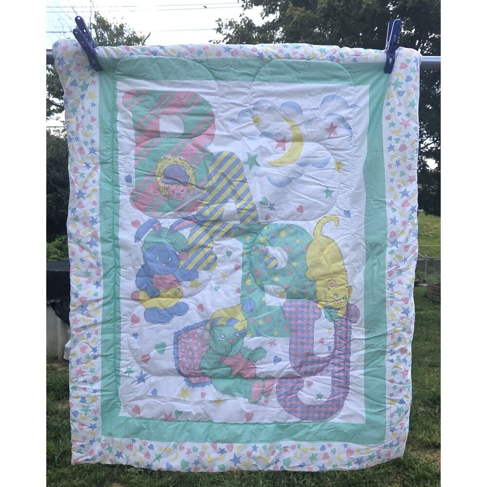 Vintage Baby Crib Comforter Blanket Pastel Teddy Bunny Quilt 33x40